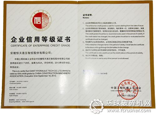 驚天液壓榮獲&ldquo;信用AAA級的企業&rdquo;稱號